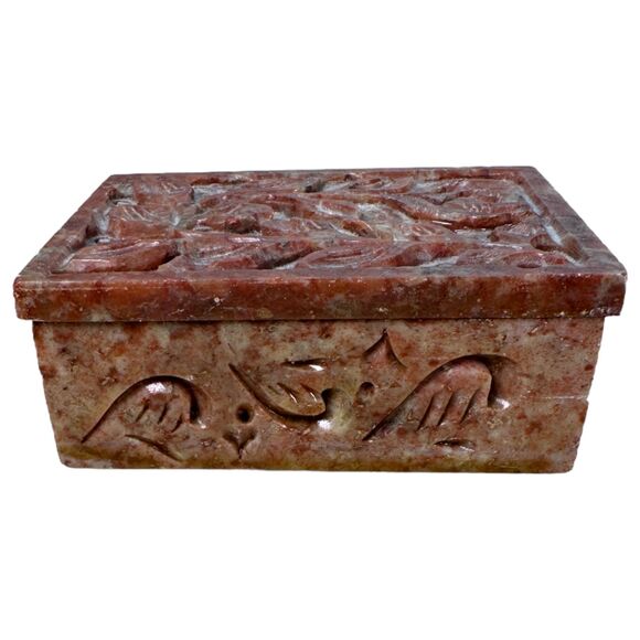 Handcarved Stone Leaf Print Trinket Dish Box - Picture 1 of 7